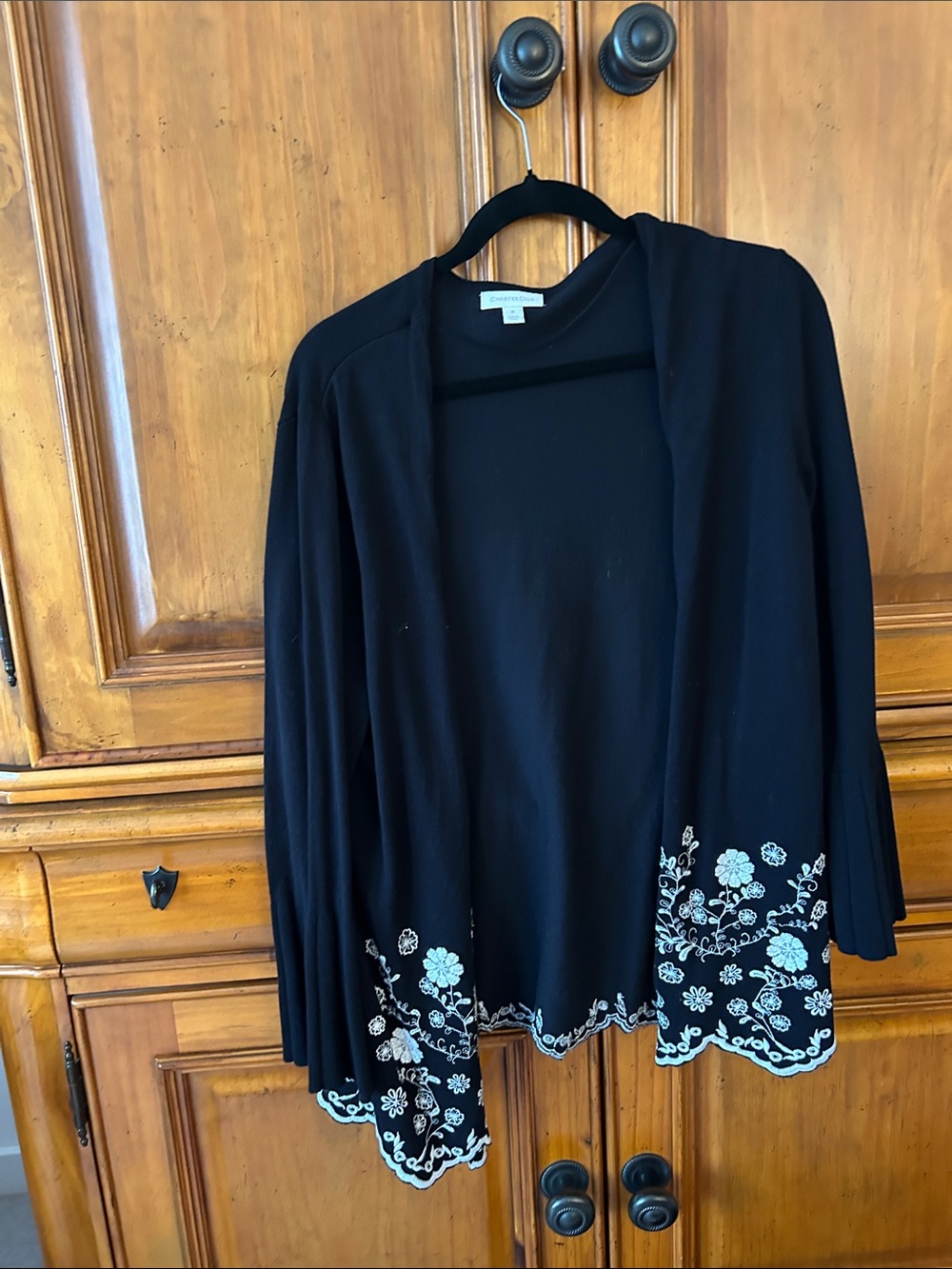 Charter Club Black Open-Front Cardigan with White Floral Hem Embroidery